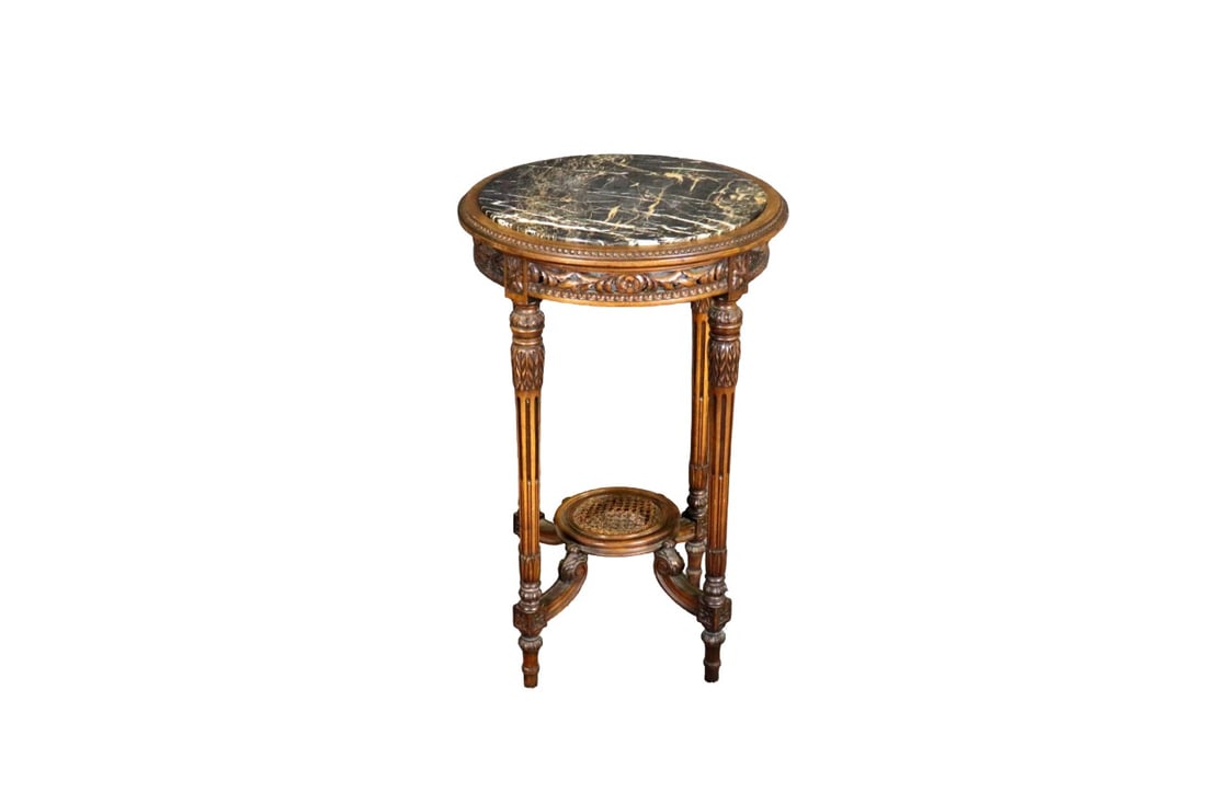 LOUIS XVI STYLE CARVED WALNUT ROUND MARBLE TOP TABLE (1 of 8)