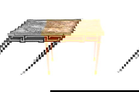 LOUIS XVI STYLE BRONZE MARBLE TOP COFFEE TABLE: Bronze. Marble top. Gallery top. One dovetail drawer. 26 3/4" h x 30 1/2" w x 19" d.
