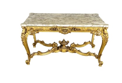 19TH C FRENCH GOLD LEAF MARBLE TOP SALON TABLE