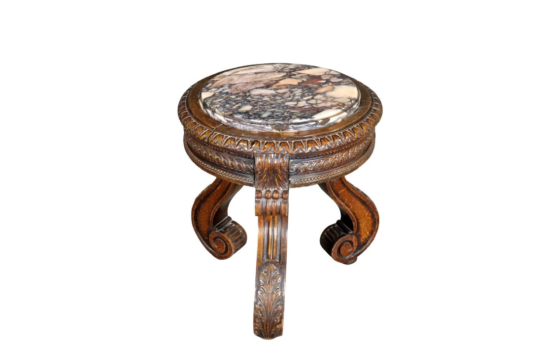 CARVED WALNUT ROUND MARBLE TOP TABLE (1 of 8)