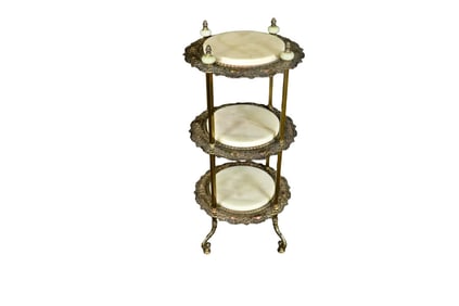 FRENCH VICTORIAN BRONZE & MARBLE TOP TIERED TABLE