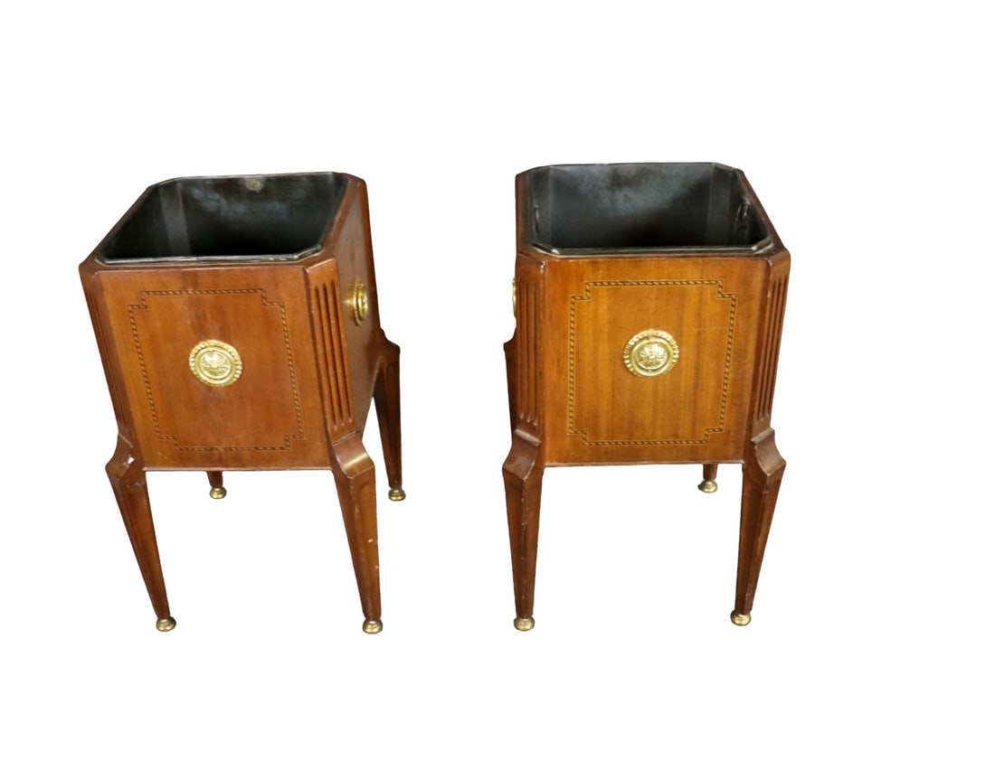 PAIR ENGLISH MAHOGANY CHAMPAGNE COOLERS: Mahogany. Inlaid. 19 1/4" h x 12" square.