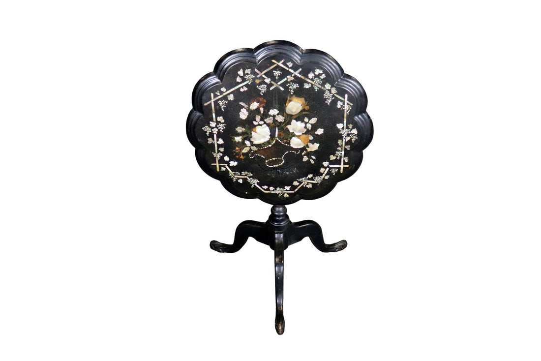 ENGLISH MOTHER OF PEARL TILT TOP TABLE: Mother of pearl. 24" h x 22 1/4" diameter.