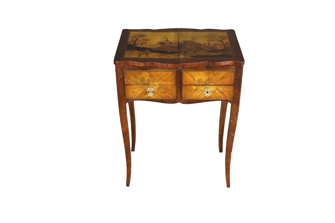 DUTCH INLAID VANITY: Double door on top. Inlaid. 4 drawers. 29 1/8" h x 22 3/4" w x 15 1/4" d.