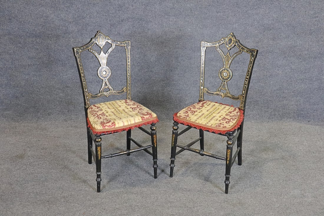 PAIR ENGLISH MOTHER OF PEARL SIDE CHAIRS: Ebonized. Mother of pearl. 34 3/8" h x 15 3/4" w x 16" d. Seat height 18".