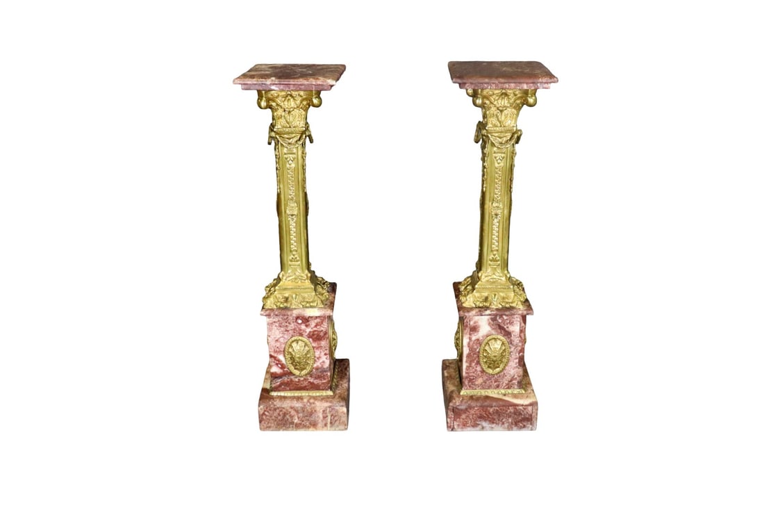 PAIR BRONZE & ROUGE MARBLE PEDESTALS (1 of 9)