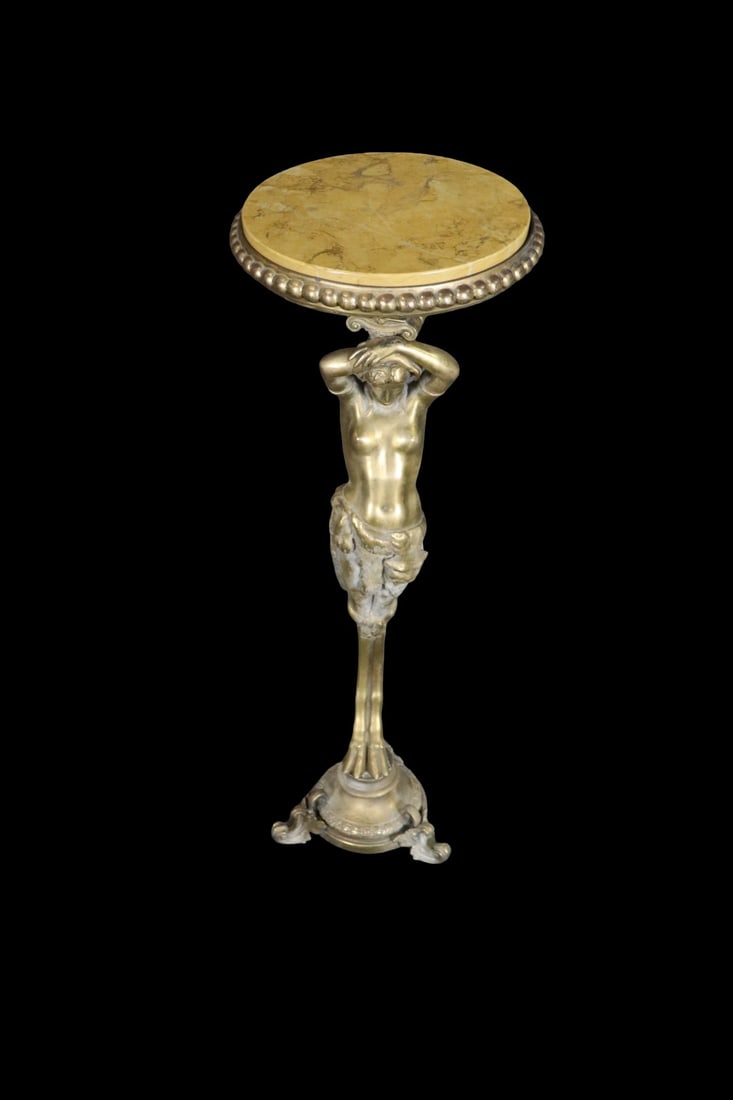 FRENCH SEMI NUDE BRONZE FIGURAL ROUND MARBLE TOP PEDESTAL: Bronze. Figural. Marble top. 37 3/4" h x 13" diameter.