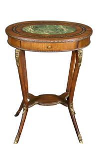 OVAL FRENCH REGENCY INLAID MARBLE TOP TABLE: Oval. Inlaid banding. Inset marble. One drawer. 30 1/4" h x 22" w x 15 1/4" d.