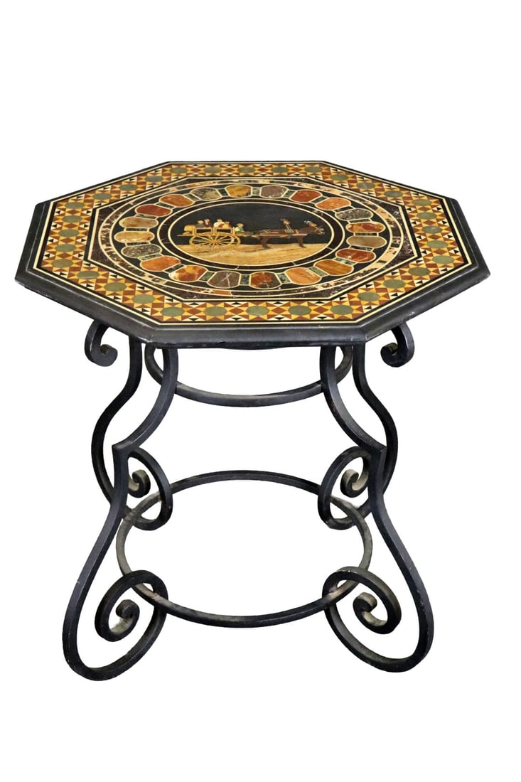 PIETRA DURA TOP IRON BASE TABLE: Marble Pietra Dura top. Semi precious stone inlay. 28 1/2" h x 28 1/2" w x 28 1/2" d.