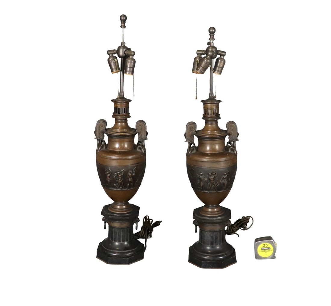 PAIR BRONZE URN LAMPS ON MARBLE BASES (1 of 13)
