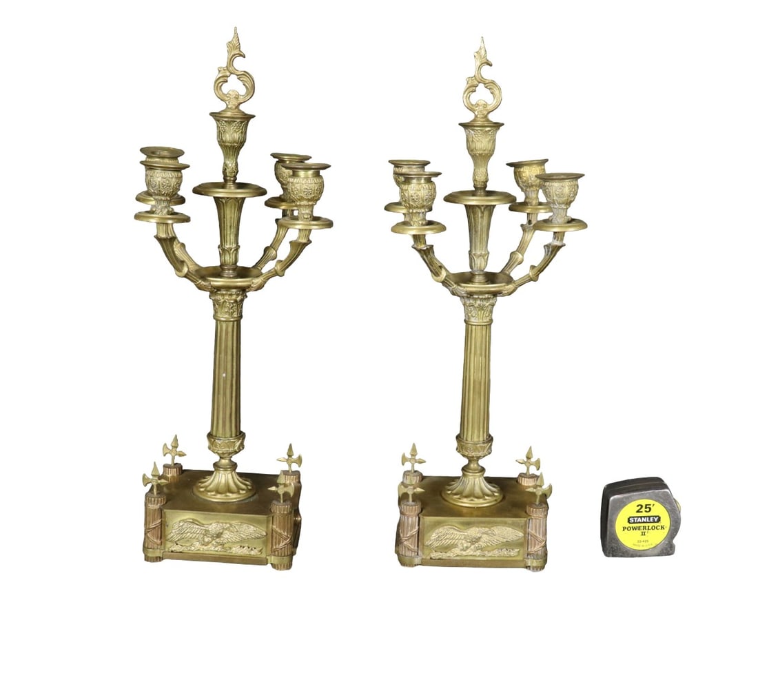 PAIR FRENCH 5 ARM BRONZE CANDELABRAS: Bronze. 5 arms. With finials. 22" h x 6 1/2" w x 4 1/2" d.