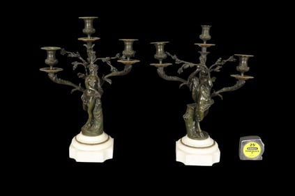 PAIR CLODION 3 ARM BRONZE FIGURAL CANDELABRAS