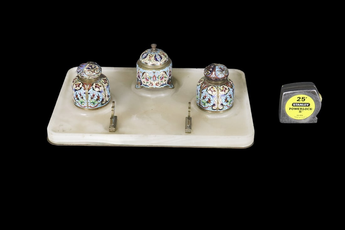 FRENCH ENAMEL INKWELL SET ON MARBLE (1 of 14)