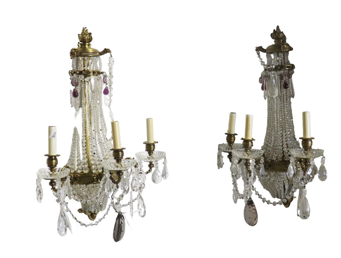 PAIR BRONZE & CRYSTAL 3 ARM SCONCES (1 of 11)