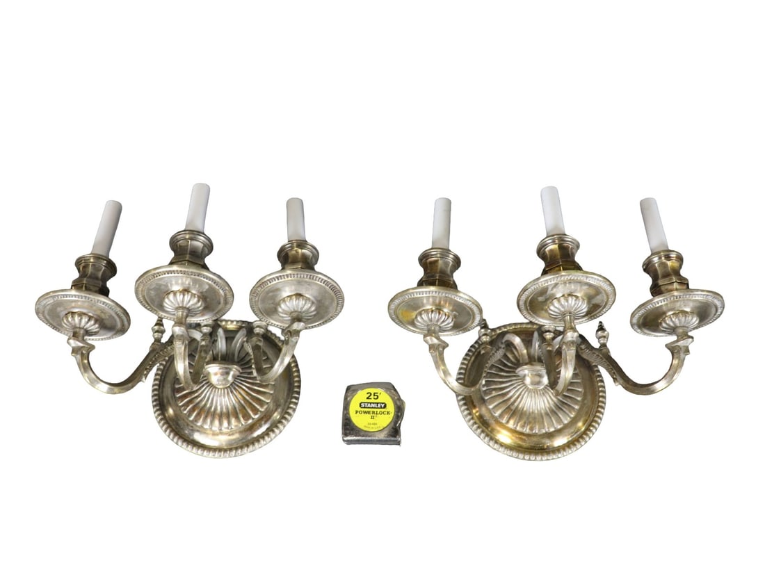 PAIR SILVERPLATE 3 ARM WALL SCONCES (1 of 10)