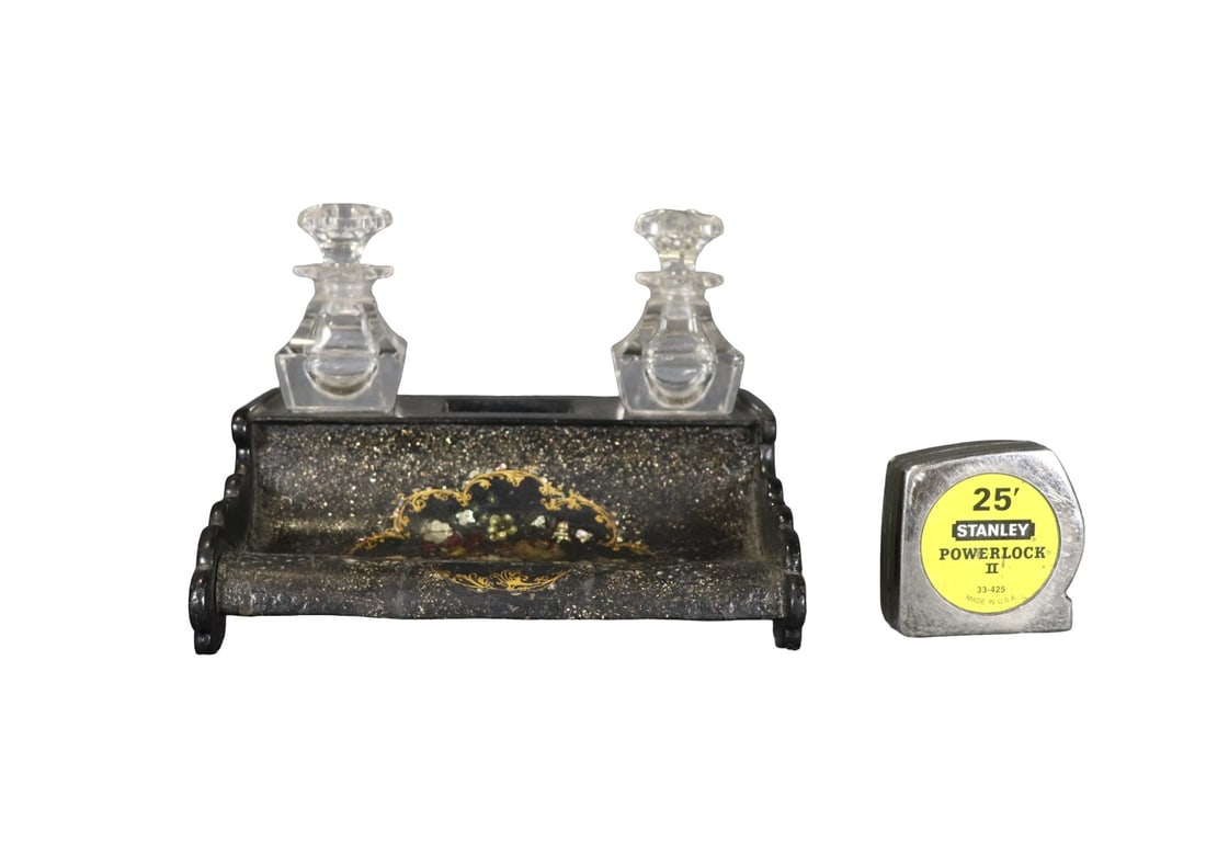 ENGLISH BLACK LACQUER INKWELL WITH 2 CRYSTAL URNS (1 of 15)