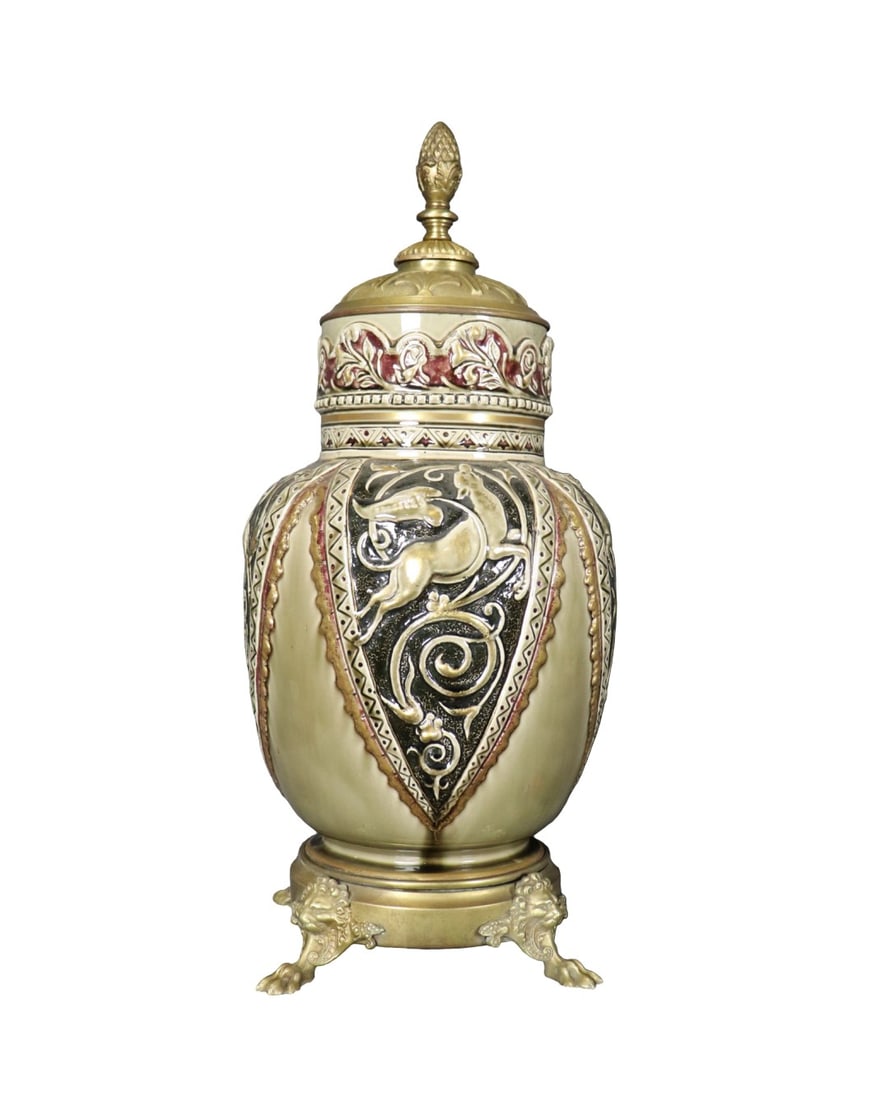 ENGLISH BRONZE & PORCELAIN URN: Bronze. Porcelain. 24 1/2" h x 11" diameter.