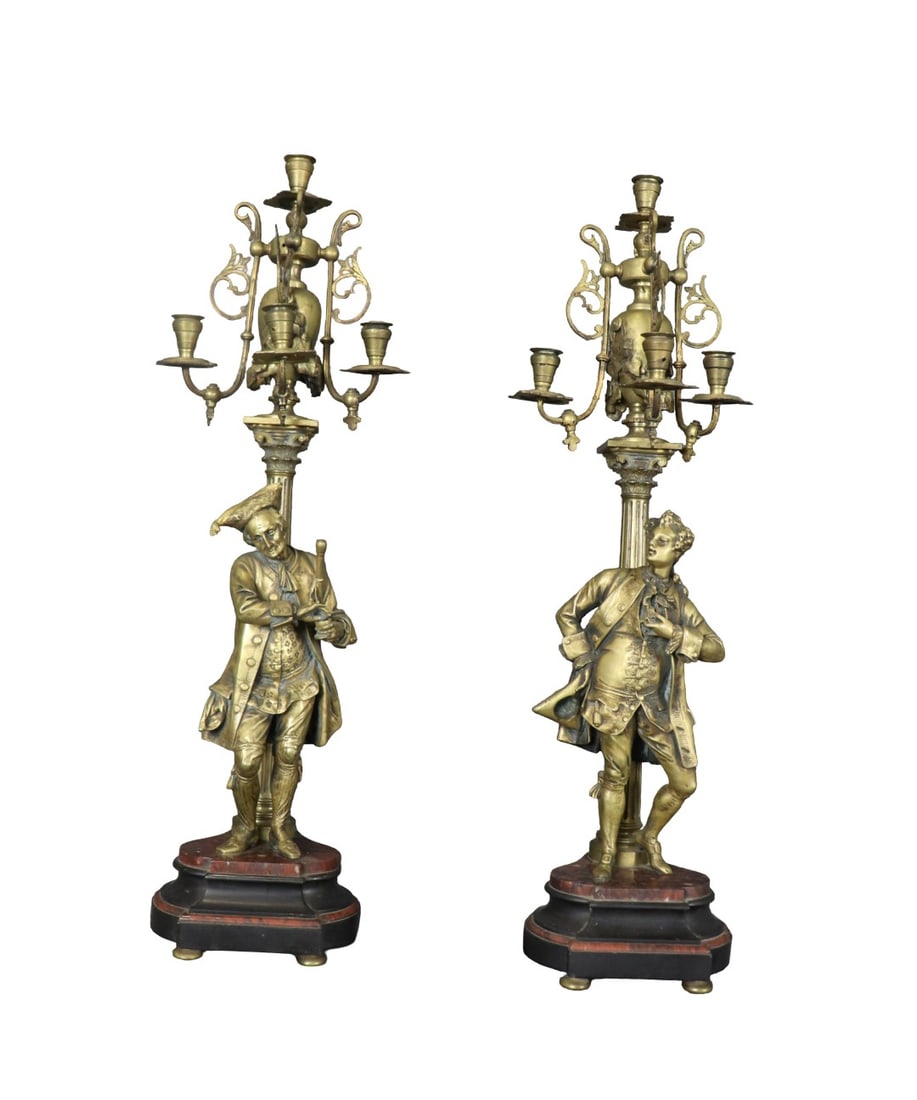 PAIR FRENCH BRONZE & MARBLE FIGURAL CANDELABRAS (1 of 12)