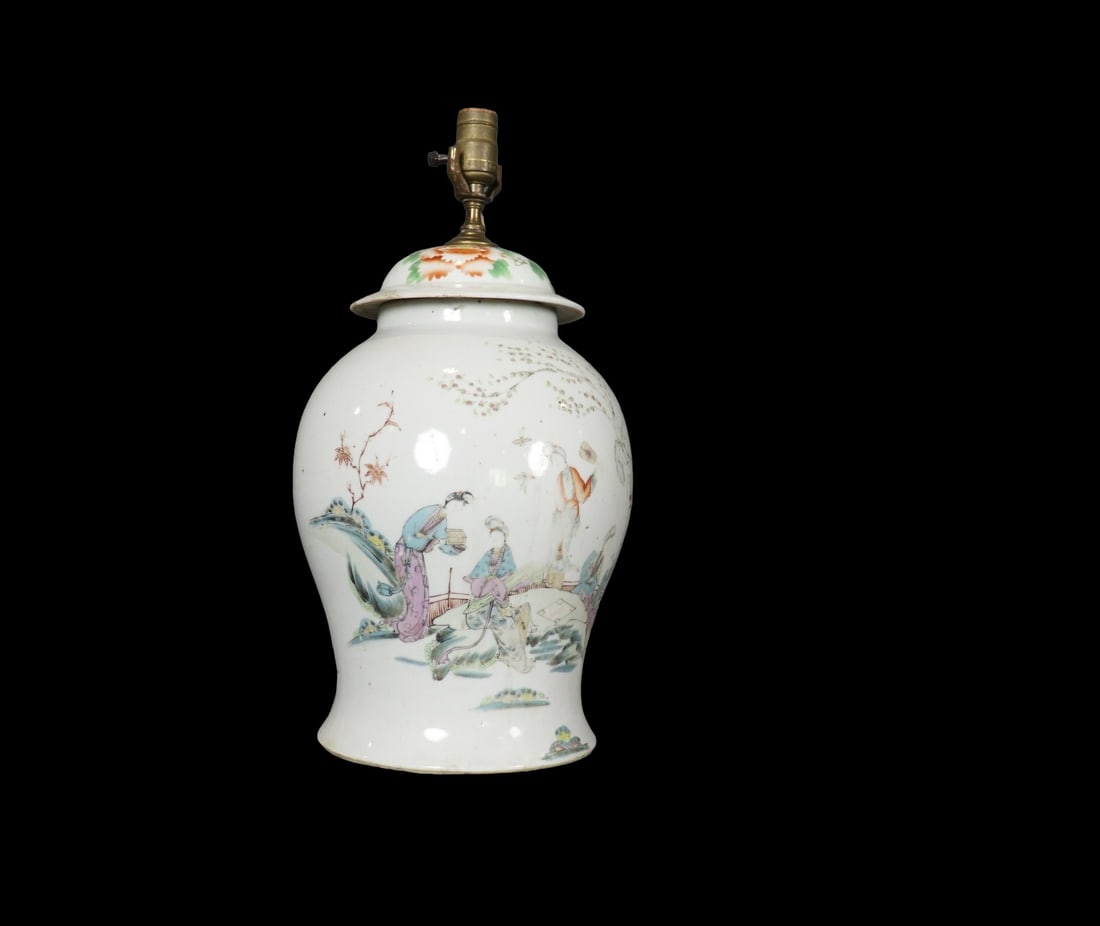 CHINESE URN WITH COVER MADE TO LAMP: Porcelain. 18" h x 9 1/2" h x 10" diameter.