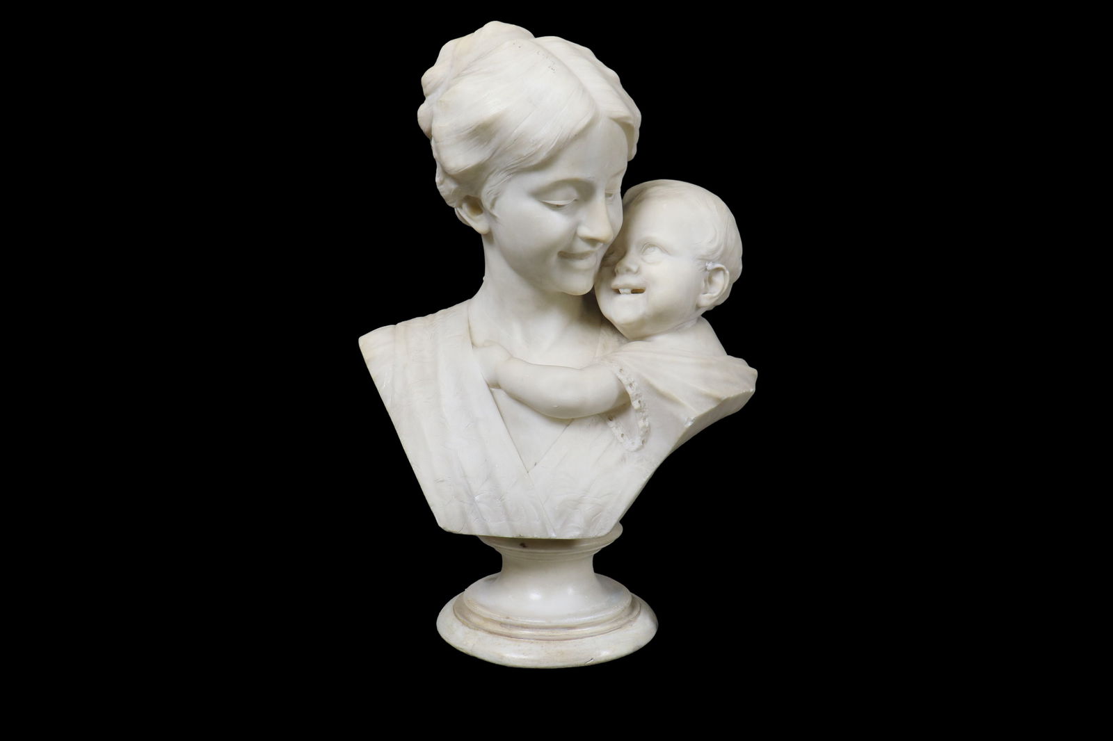 FIRENZE SIGNED WHITE MARBLE MOTHER & CHILD: Signed on back F Do Vichi Firenze. White marble. 22 1/4" h x 15" w x 9" d.