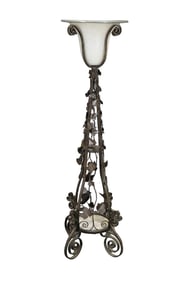 ART NOUVEAU WROUGHT IRON FLOOR LAMP WITH GLASS SHADE