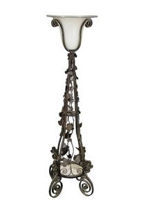 ART NOUVEAU WROUGHT IRON FLOOR LAMP WITH GLASS SHADE: Iron. Glass shade. Marble insert. 67 1/4" h x 18" diameter.