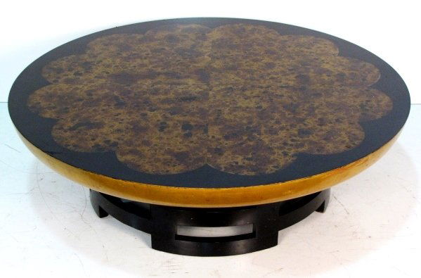BARRINGER & MULLER FOR KITTINGER COFFEE TABLE: Faux finish. Good condition with large blemish and various light scratches. 14 1/2"h. x 47 1/2" diameter.