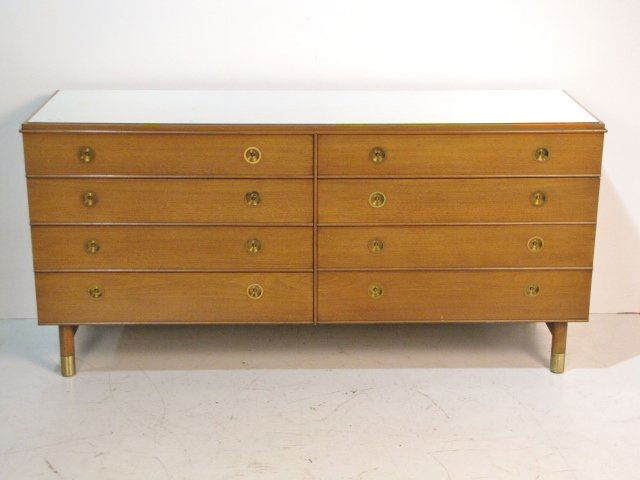 JOHN STUART MODERN DOUBLE DRESSER: Laminate top. Good condition. 32"h. x 66"w. x 21"d.
