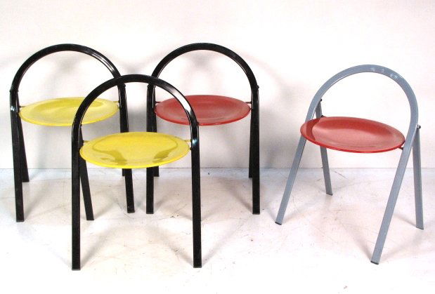 4 CIDUE ITALIAN DESIGN FOLDING CHAIRS: Metal. Very good condition with light wear. 27" high. 17" diameter seats.