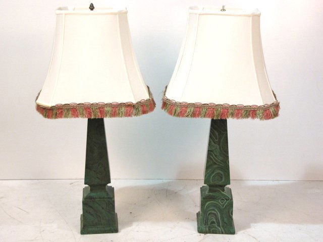 Pair FAUX MALACHITE PAINTED OBELISK LAMPS: Fair condition. Various damages and repainting. Obelisk measures 27" high, lamps measure 40" high.