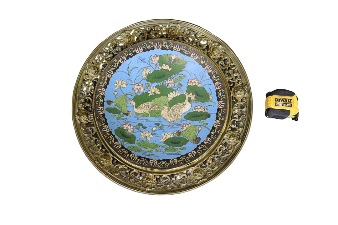 CLOSIONNE & BRASS RIMMED CHARGER: Cloisonne. Brass rim. 19 3/4" h x 19 3/4" w x 2" d.