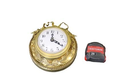 SMALL BRONZE & GILT METAL WHITE FACE WALL CLOCK