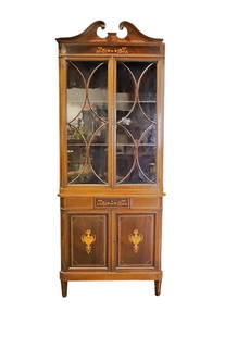 ENGLISH 2 PIECE CORNER CABINET: 2 piece. Bottom has 1 dovetailed drawer and 2 doors containing 1 shelf. Top has 2 glass doors containing 2 glass shelves. Inlaid. 90 1/4" h x 36 1/4" w x 19 3/4" d.