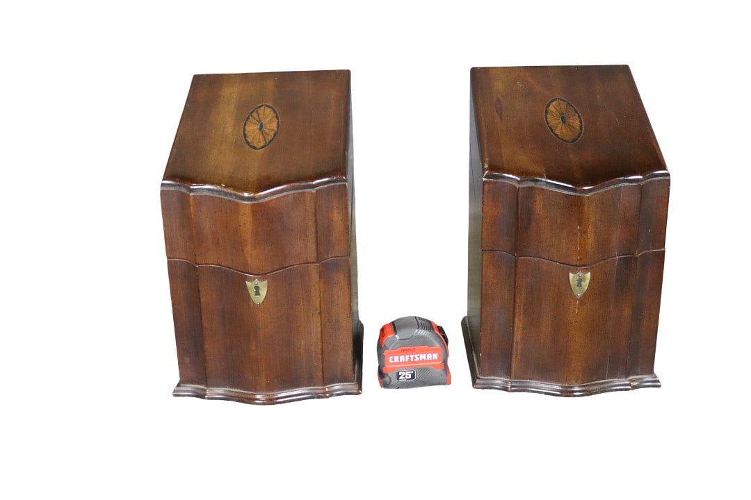 PAIR ENGLISH CUTLERY BOXES: Inlaid. Flip up top. Wood. 13 3/4" h x 8 1/2" w x 8 1/2" d.