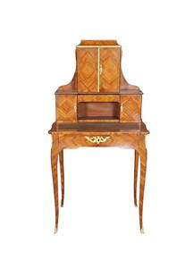 LOUIS XV STYLE BRONZE MOUNTED 2 PIECE DESK: Satinwood. 2 piece. Bronze mounted. 2 doors on top containing 2 shelves. 2 doors in center containing 3 miniature drawers. 1 drawer in center. Leather top. 1 drawer on bottom. 51 3/4" h x 25 3/4" w x