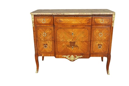 FRENCH MARBLE TOP 3 DRAWER SATINWOOD COMMODE
