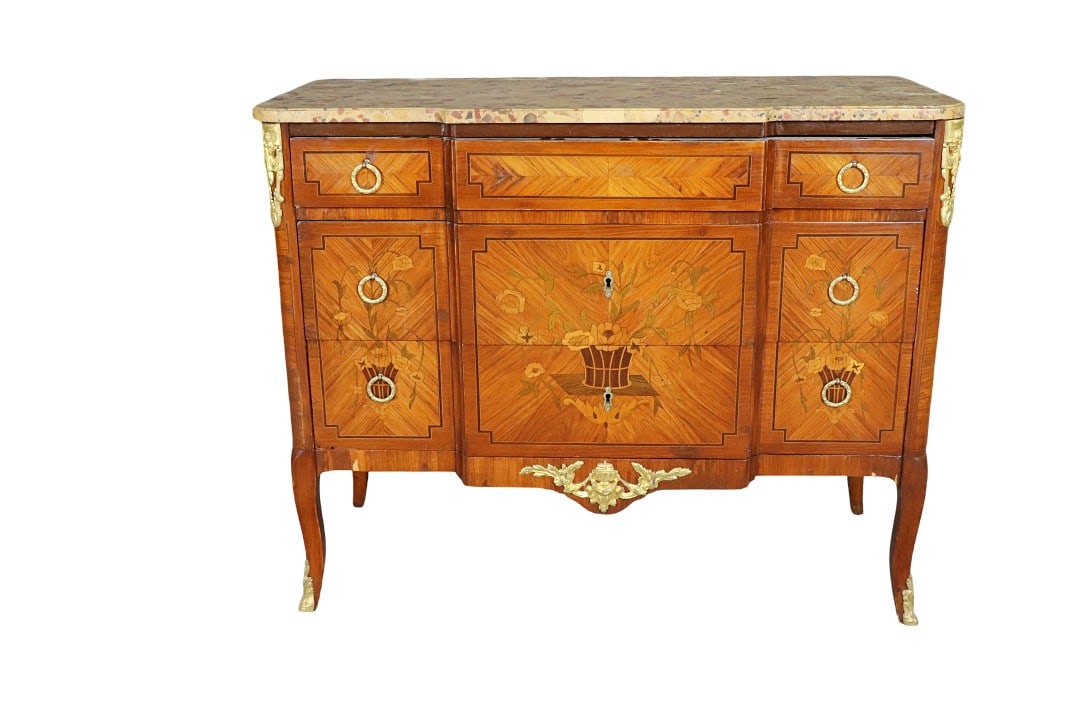 FRENCH MARBLE TOP 3 DRAWER SATINWOOD COMMODE (1 of 16)
