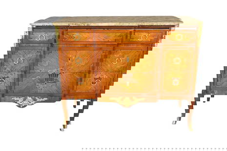 FRENCH MARBLE TOP 3 DRAWER SATINWOOD COMMODE: Marble top. 3 dovetailed drawers. Inlaid. Satinwood. Bronze mounted. 35 1/2" h x 44 1/4" w x 19 1/2" d.