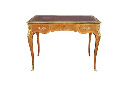 19TH C INLAID LEATHER TOP BUREAUPLAT AFTER FRANCOIS LINKE