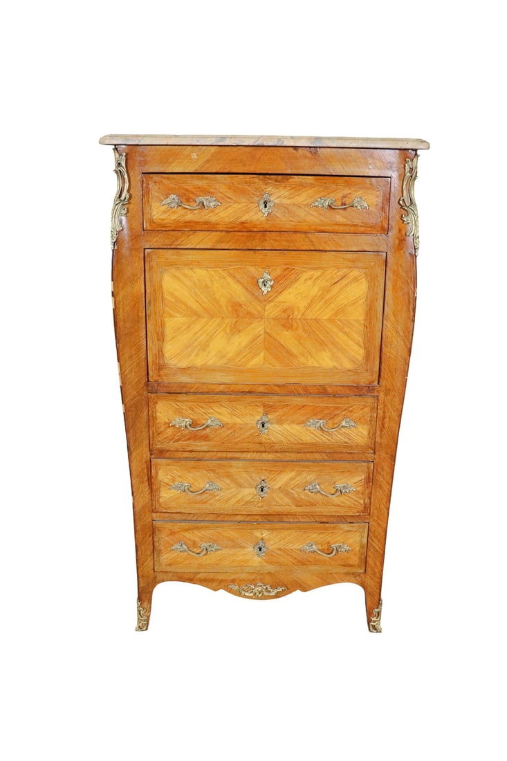 FRENCH MARBLE TOP ABBATANT: Marble top. 4 drawers. Drop down door with fitted interior. Bronze mounted. Satinwood. 53 1/2" h x 30 3/4" w x 17 1/4" d,