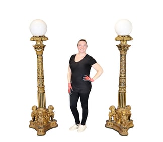 PAIR HEAVILY CARVED FLOOR LAMPS WITH LION HEADS & SHADES