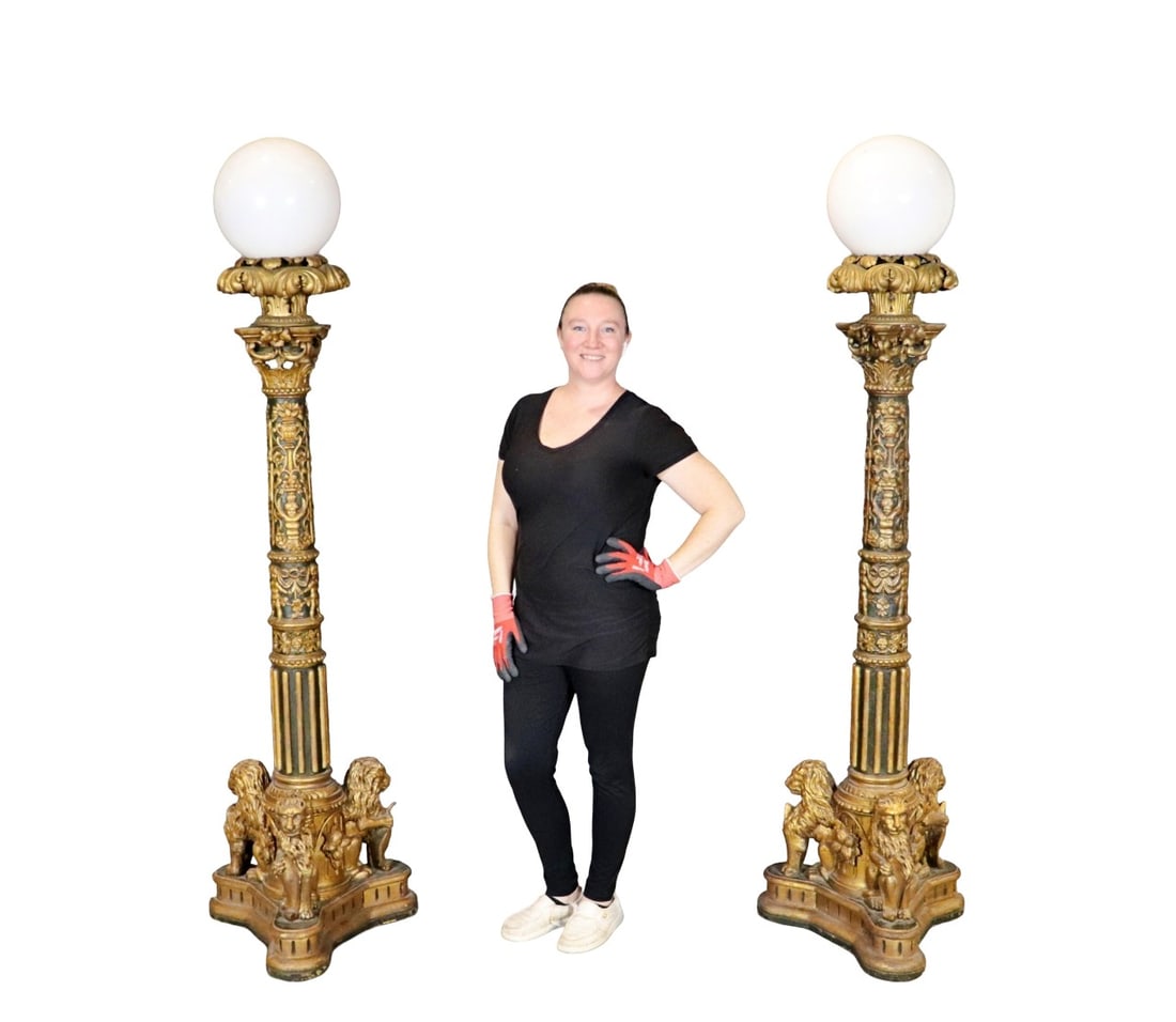 PAIR HEAVILY CARVED FLOOR LAMPS WITH LION HEADS & SHADES (1 of 13)