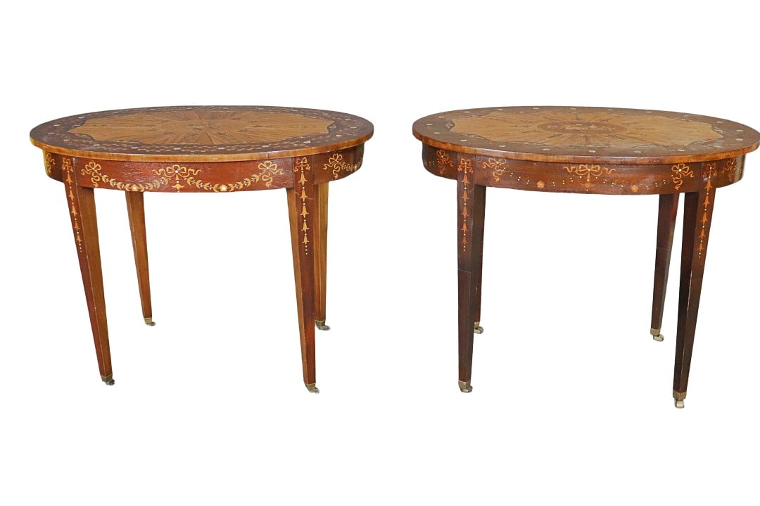 PAIR MOTHER OF PEARL SALON TABLES: Mother of pearl. Bronze casters. Satinwood. 29 3/4" h x 38 1/4" w x 26 1/4" d.