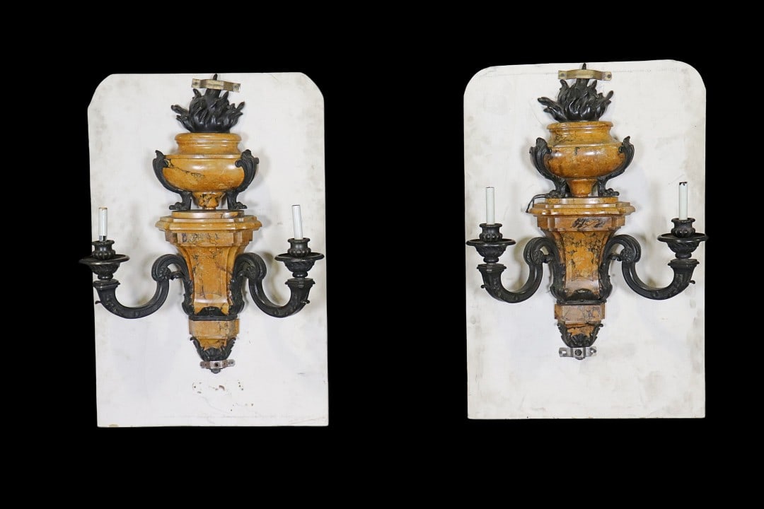 PAIR PALACE SIZE MARBLE & BRONZE WALL SCONCES (1 of 10)