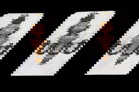 PAIR PALACE SIZE MARBLE & BRONZE WALL SCONCES: Marble. 2 arms. Bronze. Mounted on wood panel for display. 29 3/4" h x 23" w x 9" d.