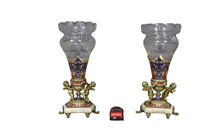 PAIR 19TH C FRENCH ORMOLU & CHAMPLEVE ENAMEL GARNITURE SET