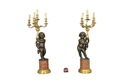 PAIR SIGNED CLODION BRONZE & MARBLE CANDELABRAS