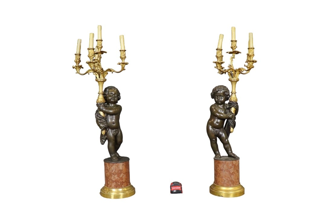 PAIR SIGNED CLODION BRONZE & MARBLE CANDELABRAS: Signed Clodion on base. Figural. Bronze. Marble. 5 lights. 45 3/4" h x 15 1/2" w x 13" d.