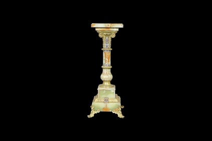 19TH C BRONZE MOUNTED GREEN ONYX CHAMPLEVE ENAMEL PEDESTAL