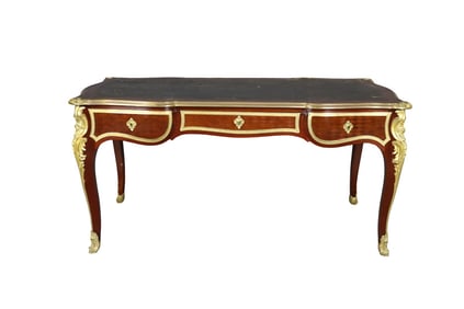 LOUIS XVI STYLE GILT BRONZE MOUNTED MARQUETRY LEATHER TOP DESK